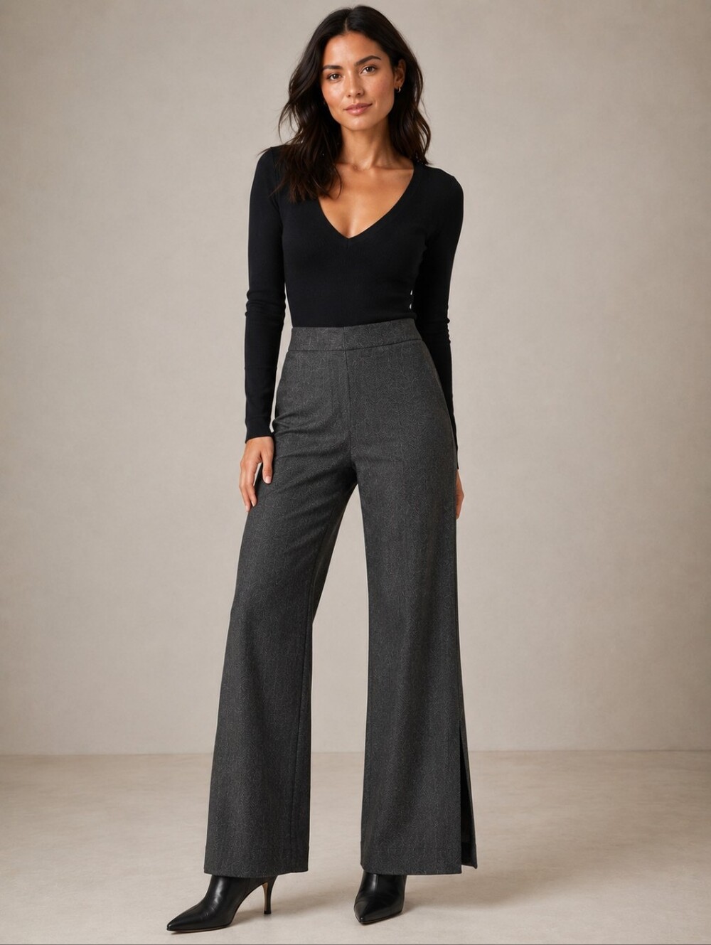 ❤️ ALAIN MANOUKIAN VINTAGE Y2k SPLIT HEM HERRINGBONE HIGH RISE WIDE LEG PANTS